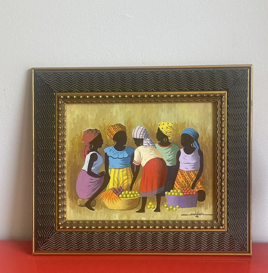 Enel Desir Market Scene Acrylic On Canvas Panel Framed Listed Haitian Art 20020