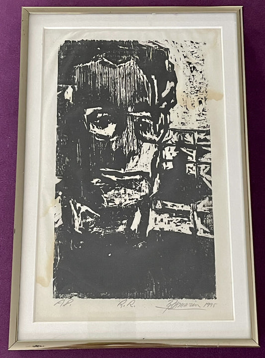 Brutalist Modernist Woodcut Woodblock Print Art Portrait ‘95 Signed Artist Proof0