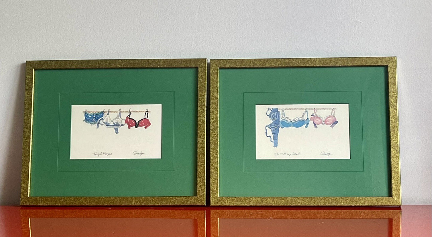 Watercolor BRASSIERE BRA Paintings Signed Frame Whimsical Bathroom Boudoir Decor1