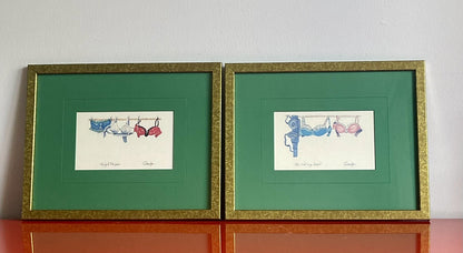 Watercolor BRASSIERE BRA Paintings Signed Frame Whimsical Bathroom Boudoir Decor1