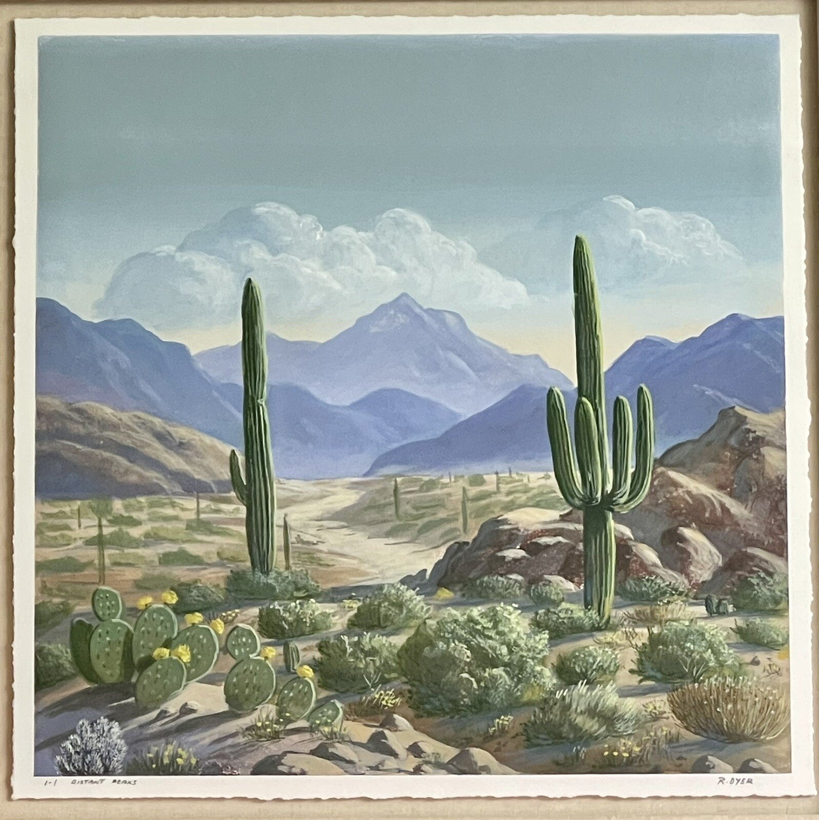 “Distant Peaks” R. DYER Desert Mountain Cactus CALIFORNIA Fine Art Monoprint0