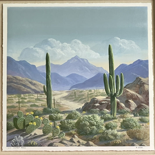 “Distant Peaks” R. DYER Desert Mountain Cactus CALIFORNIA Fine Art Monoprint0