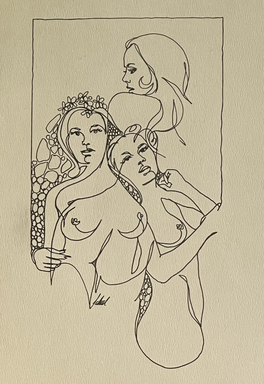 Nude Sexy Sultry Ladies Mod 1960s 1970s Era Pen & Ink Original Art Line Drawing0
