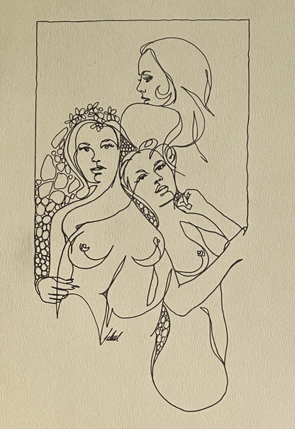 Nude Sexy Sultry Ladies Mod 1960s 1970s Era Pen & Ink Original Art Line Drawing0