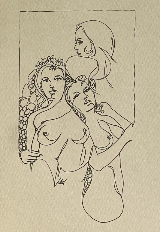 Nude Sexy Sultry Ladies Mod 1960s 1970s Era Pen & Ink Original Art Line Drawing0