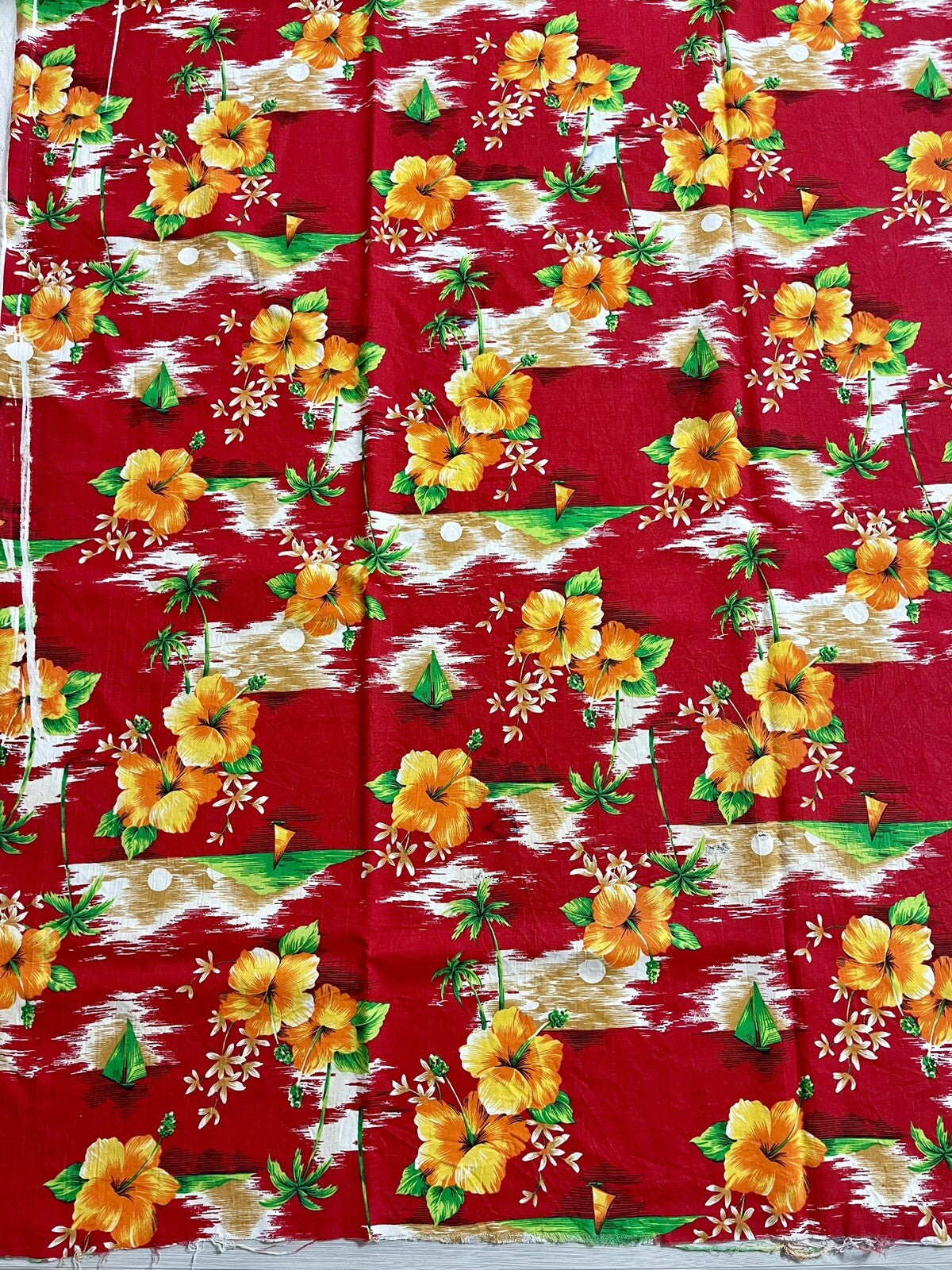 Vintage Hawaiian Print Fabric Midcentury Hibiscus Palm Trees Aloha MCM 55” x 95”0