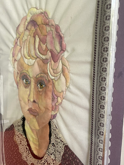 3D Mixed Media Fabric Art Portrait Hand-Painted & Quilted 1980s Lucite Box Frame4