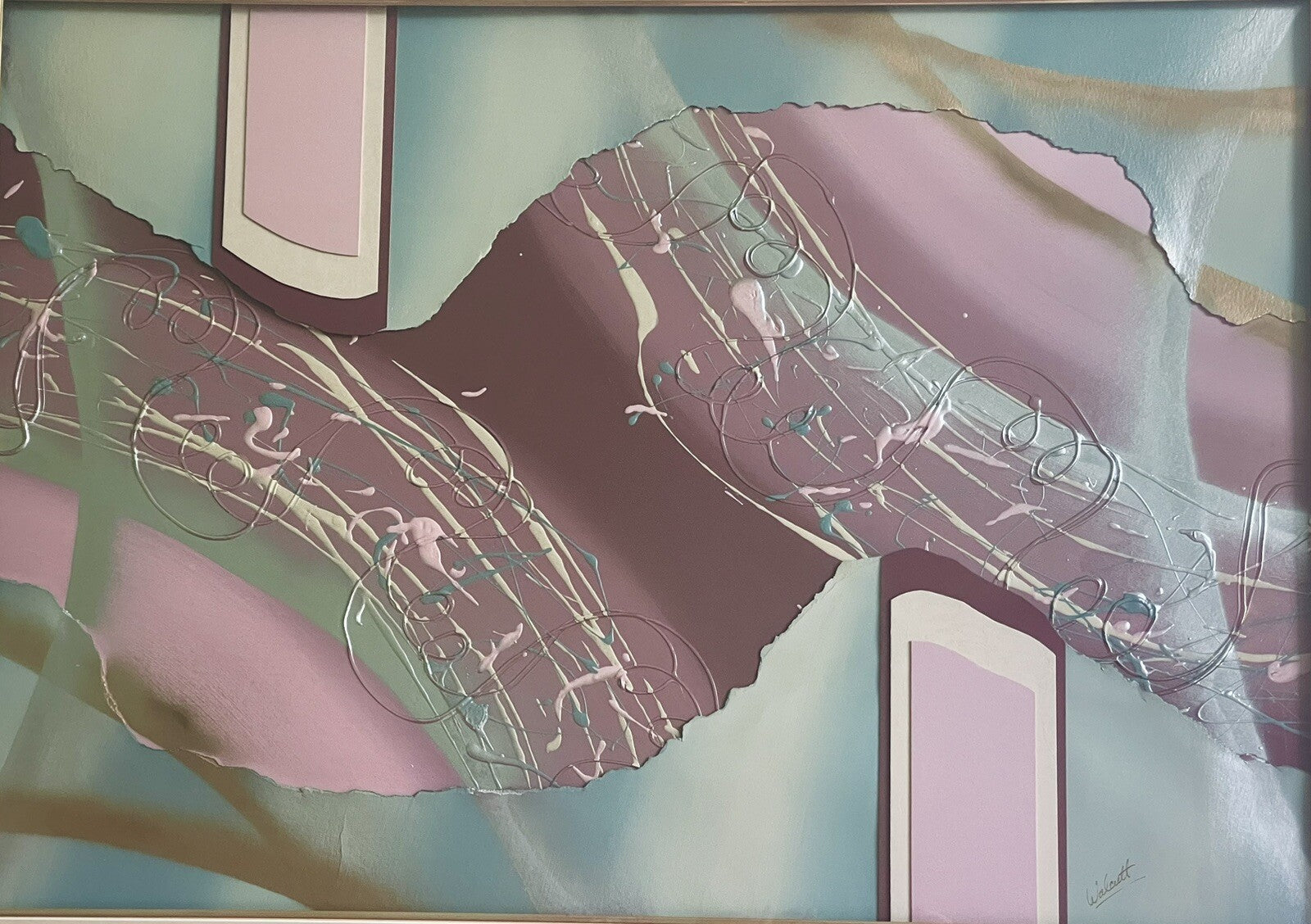 HUGE Abstract Art Mixed Media Painting WALCUTT 43” x 32” Retro 80s 90s Postmod1