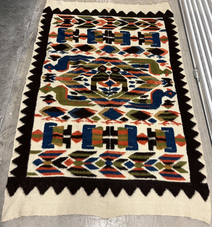 Pictorial Tribal Wool Rug Kilim VINTAGE ESTATE FIND Geometric Birds 5’ x 7.5’0