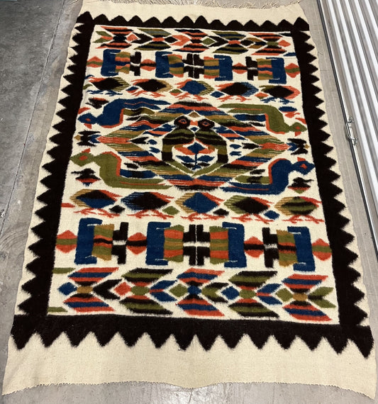 Pictorial Tribal Wool Rug Kilim VINTAGE ESTATE FIND Geometric Birds 5’ x 7.5’0