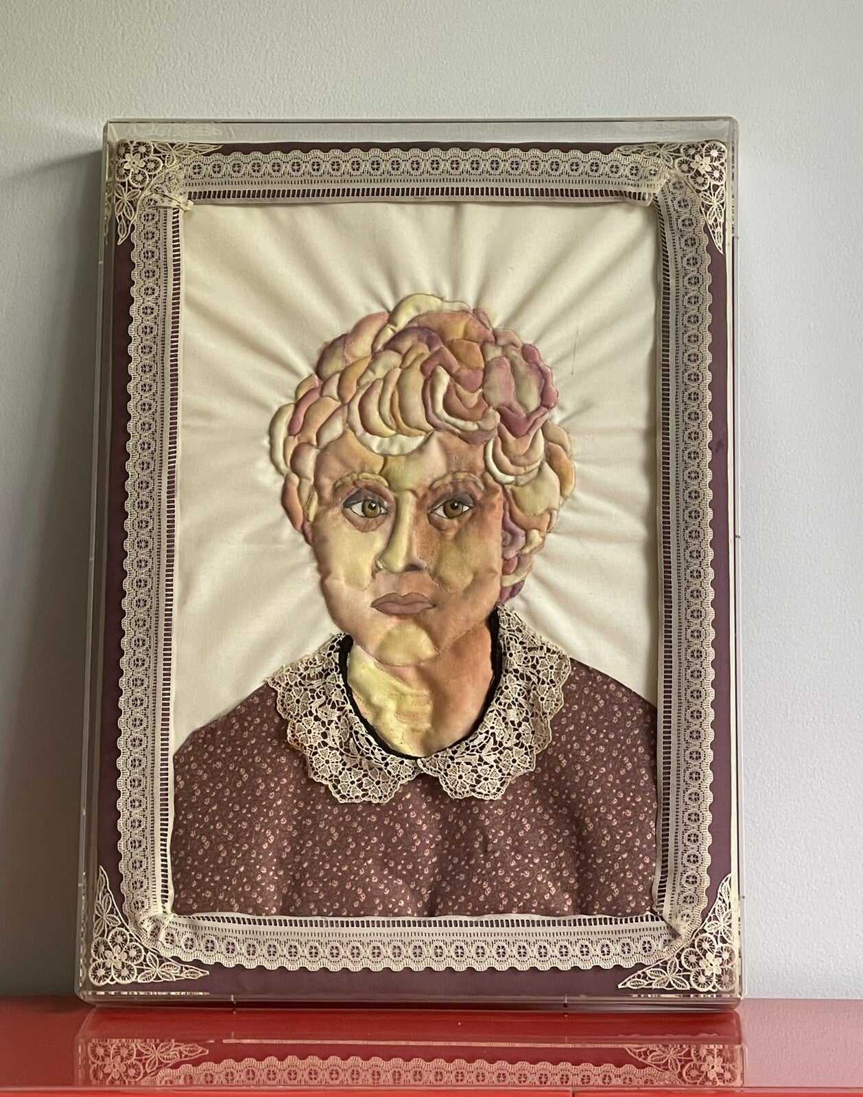 3D Mixed Media Fabric Art Portrait Hand-Painted & Quilted 1980s Lucite Box Frame0