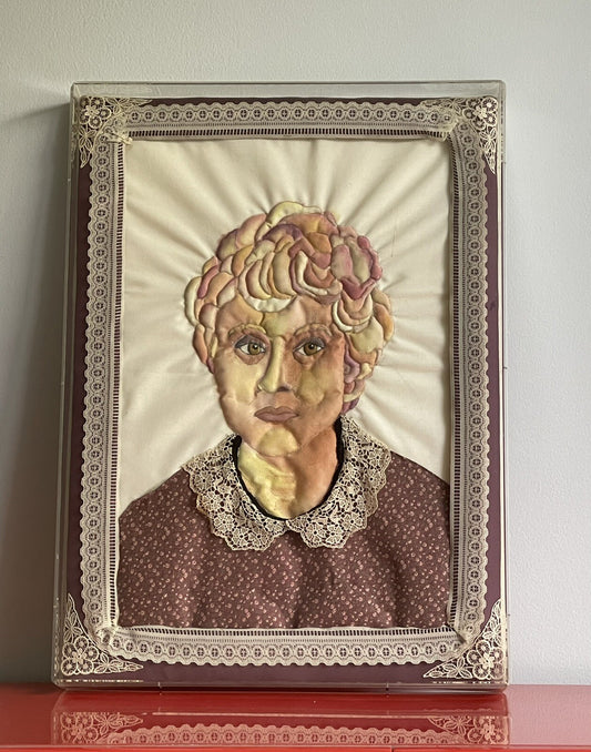 3D Mixed Media Fabric Art Portrait Hand-Painted & Quilted 1980s Lucite Box Frame0