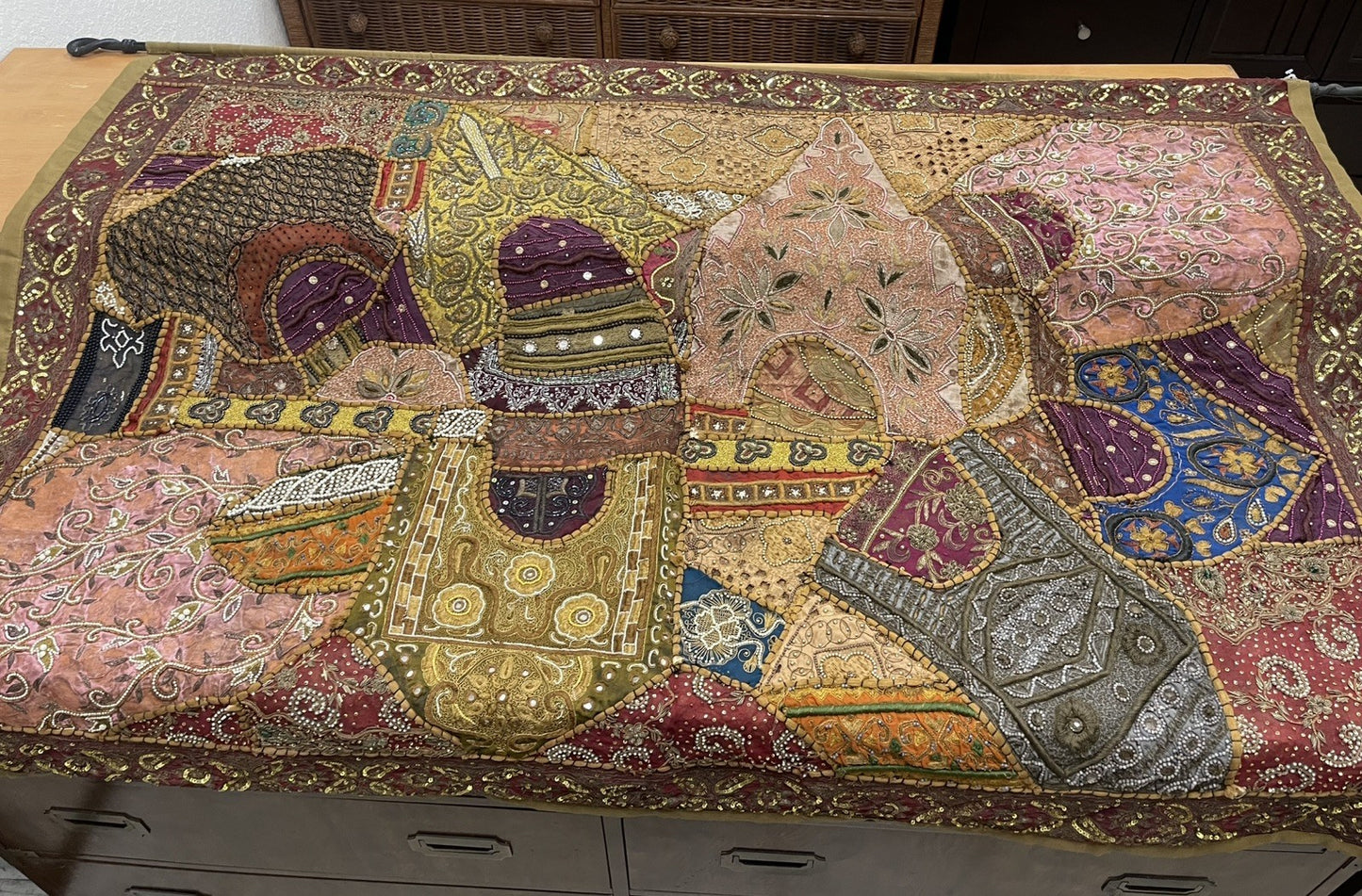 62” x 44” Antique Tapestry Wall Hanging Embellished w Sequins Pearls Gold Thread0