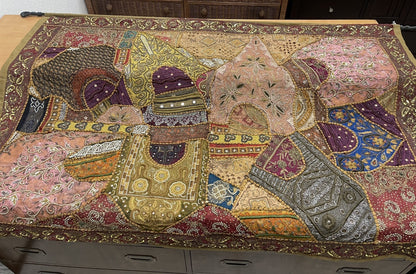 62” x 44” Antique Tapestry Wall Hanging Embellished w Sequins Pearls Gold Thread0