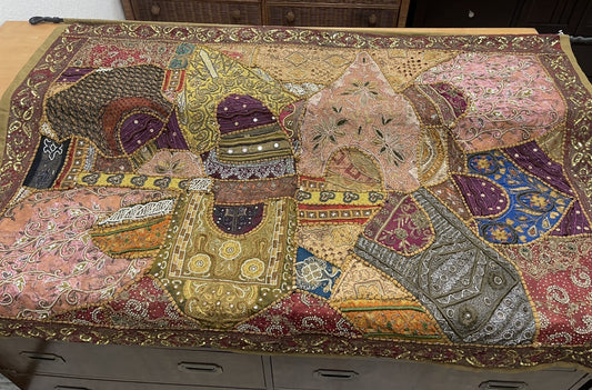 62” x 44” Antique Tapestry Wall Hanging Embellished w Sequins Pearls Gold Thread0