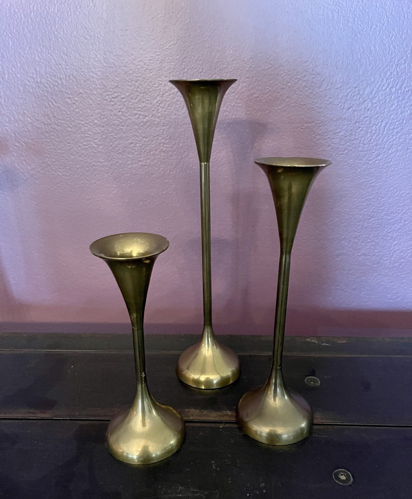  MCM Modernist Brass Candlestick Vintage Trio Candle Holders INARCO India Heavy0
