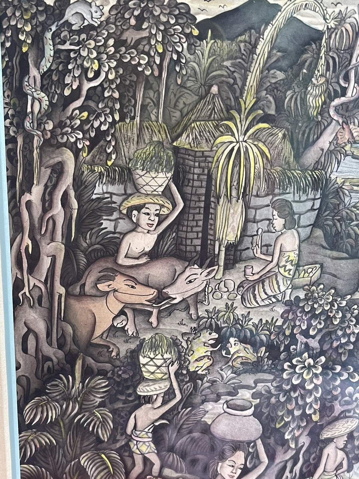 1950s Indonesian Batuan Bali Ink & Watercolor Allegory Painting Midcentury Mod4