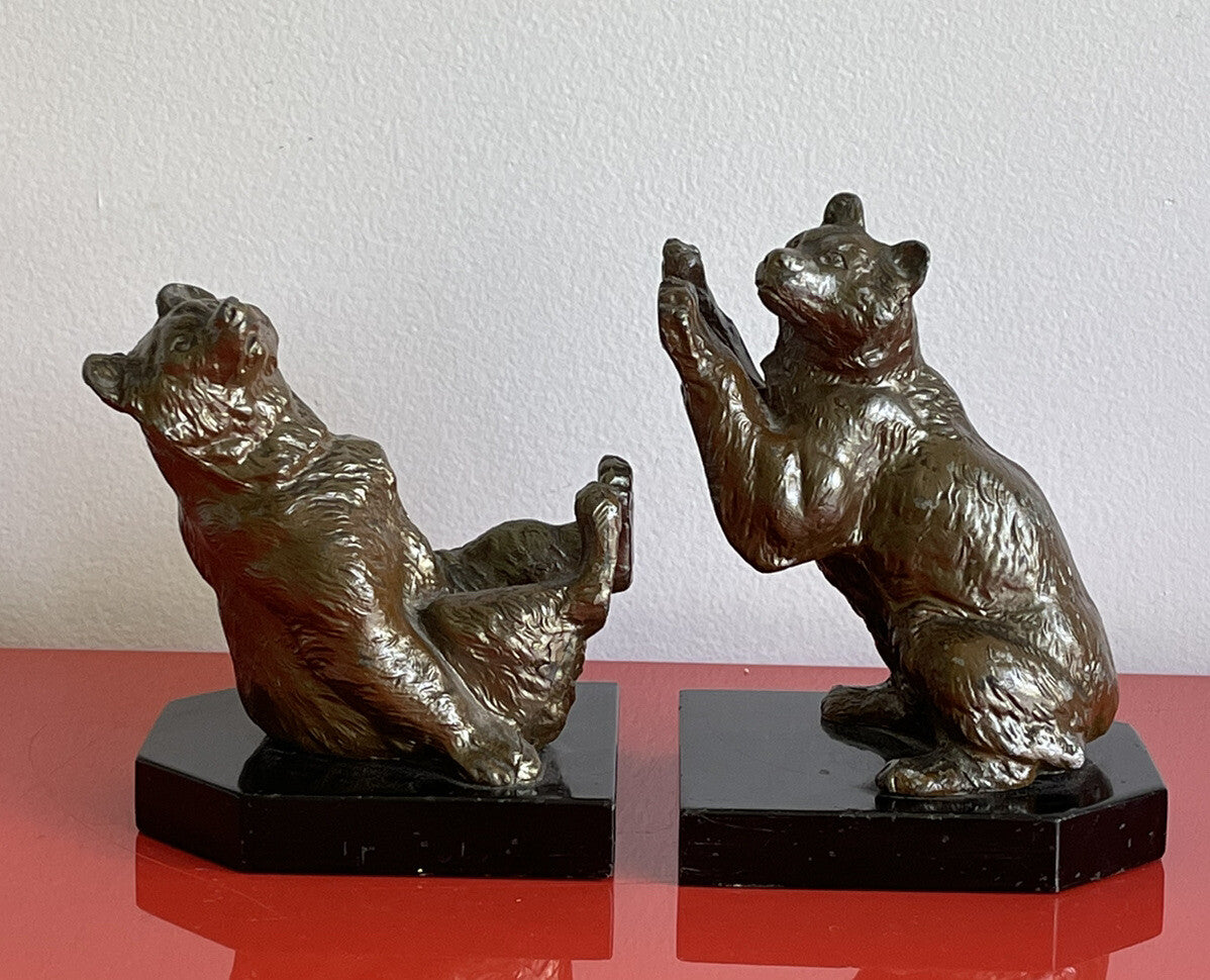 Vintage Frolicking Bear Bookends Louis Albert Carvin (?) Art Deco Marble Base2