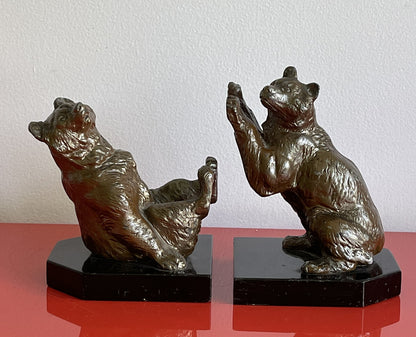 Vintage Frolicking Bear Bookends Louis Albert Carvin (?) Art Deco Marble Base2