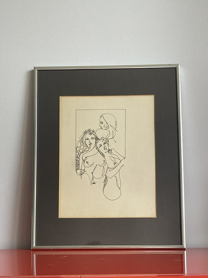 Nude Sexy Sultry Ladies Mod 1960s 1970s Era Pen & Ink Original Art Line Drawing1