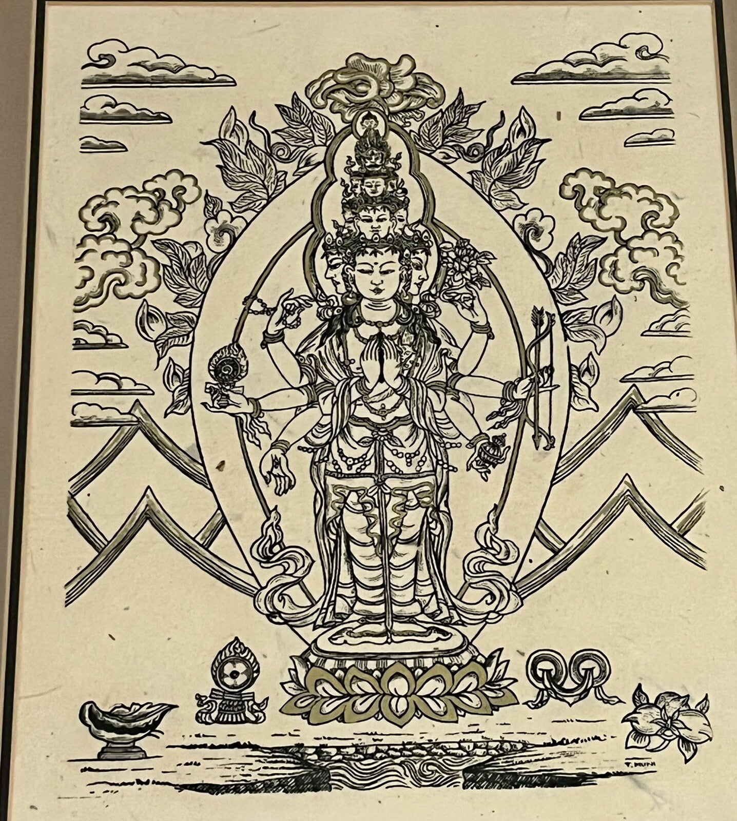 T Muni Australian Artist Framed Mandala Goddess Dharma Buddhist Ink & Gold PAIR1