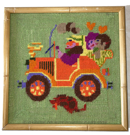 Retro Framed Needlepoint “Sunday Drive” Groovy Kitsch Retro 9” X 9”0
