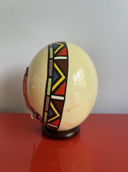 African Vintage Ostrich Egg Hand Painted Beaded Woman Portrait 6” SIGNED4
