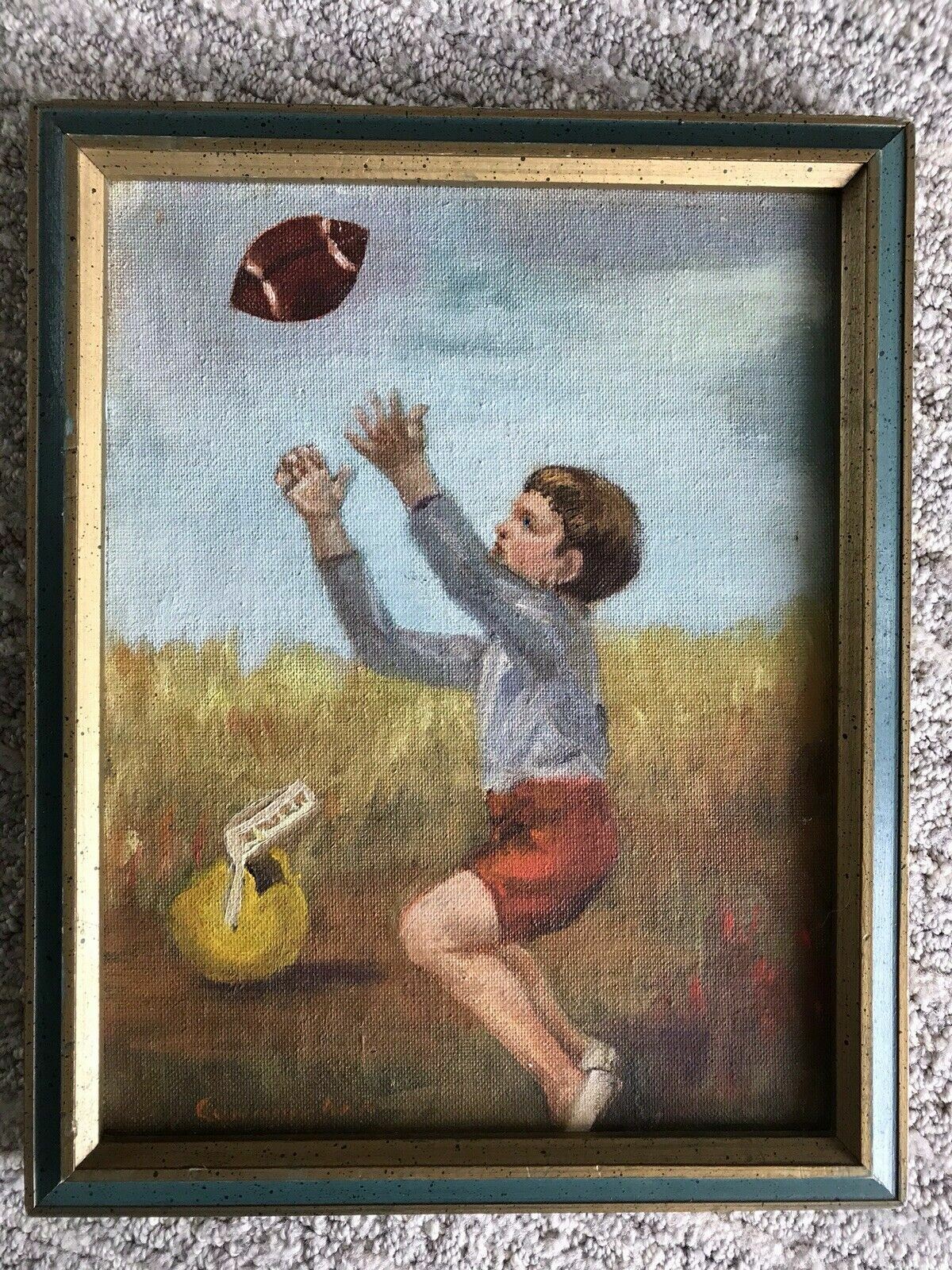 Boy With Football Original Art MCM Vintage Acrylic Painting Signed CUNNINGHAM1