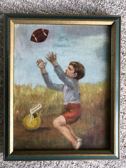 Boy With Football Original Art MCM Vintage Acrylic Painting Signed CUNNINGHAM1