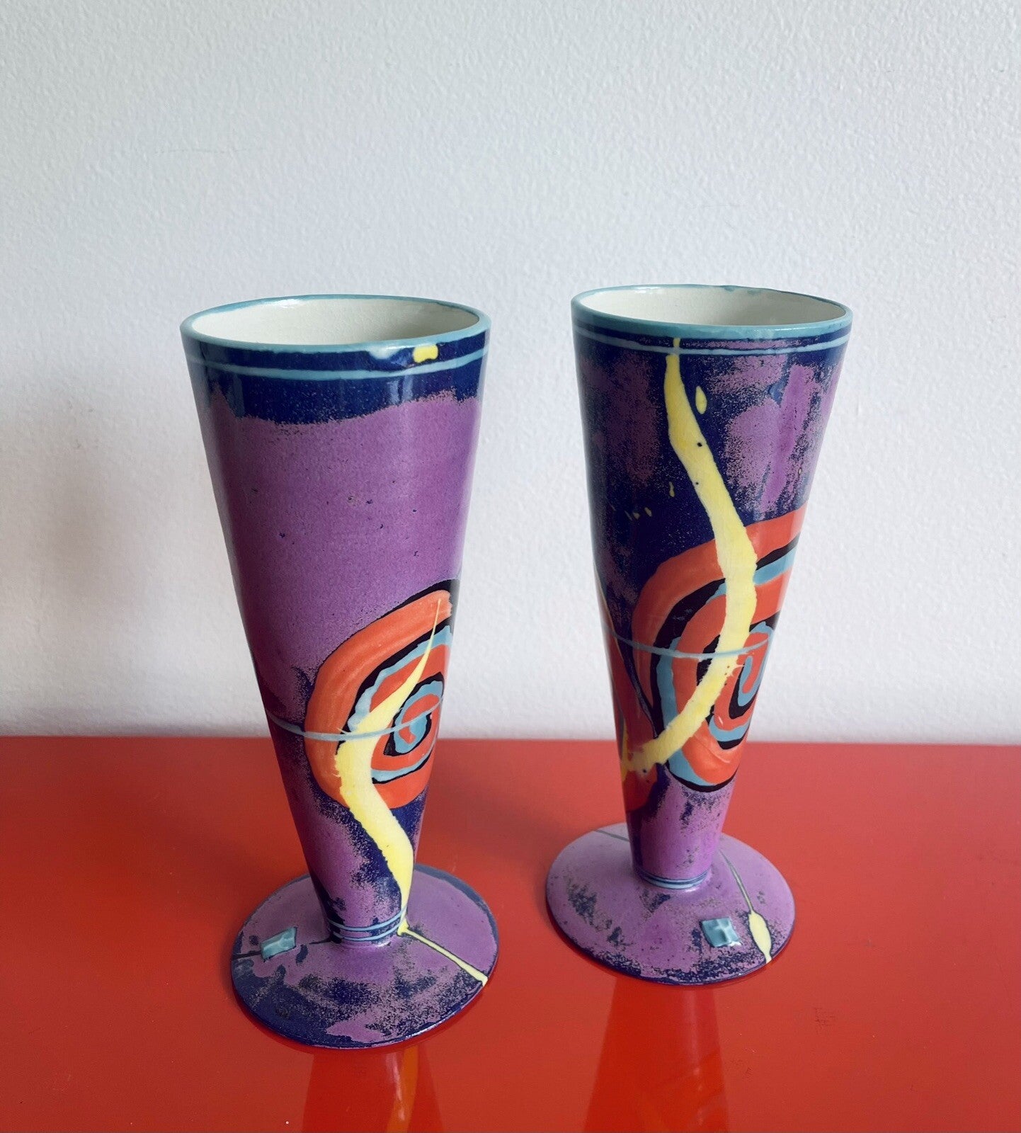 Vase Vessel Pair Postmodern Memphis Pop Art 90s Signed Studio Pottery Ceramic 7”1