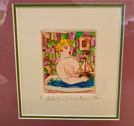 Gerard Lehner Hand Colored Etching Naked Woman In Bathtub Signed Framed 81/1000