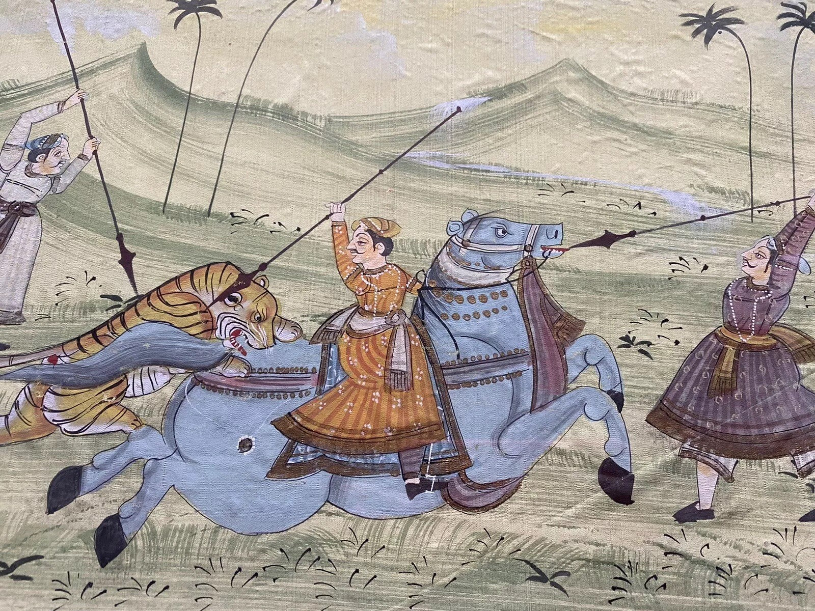 Persian Hunting Scenes Rajasthani Mughal Framed Silk Art Antique 19th Century3