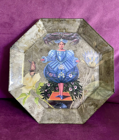 Astrology Glass Plate 12” Tarot Zodiac Cancer Crab Octagonal Decoupage Parker 0