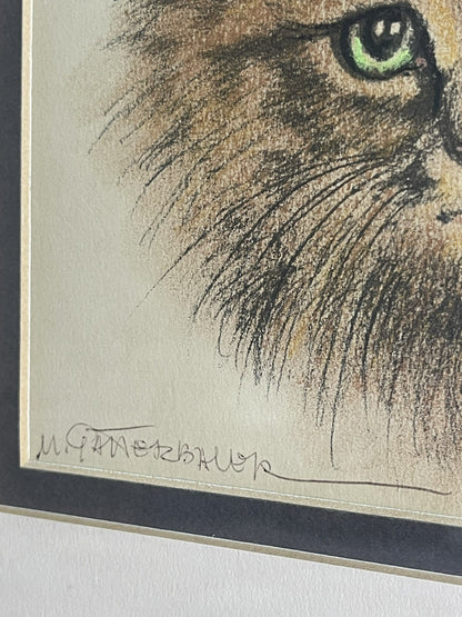OOAK Cat Kitten Hand-Colored Pastel Lithograph Art Signed Gatterbauer Framed #62