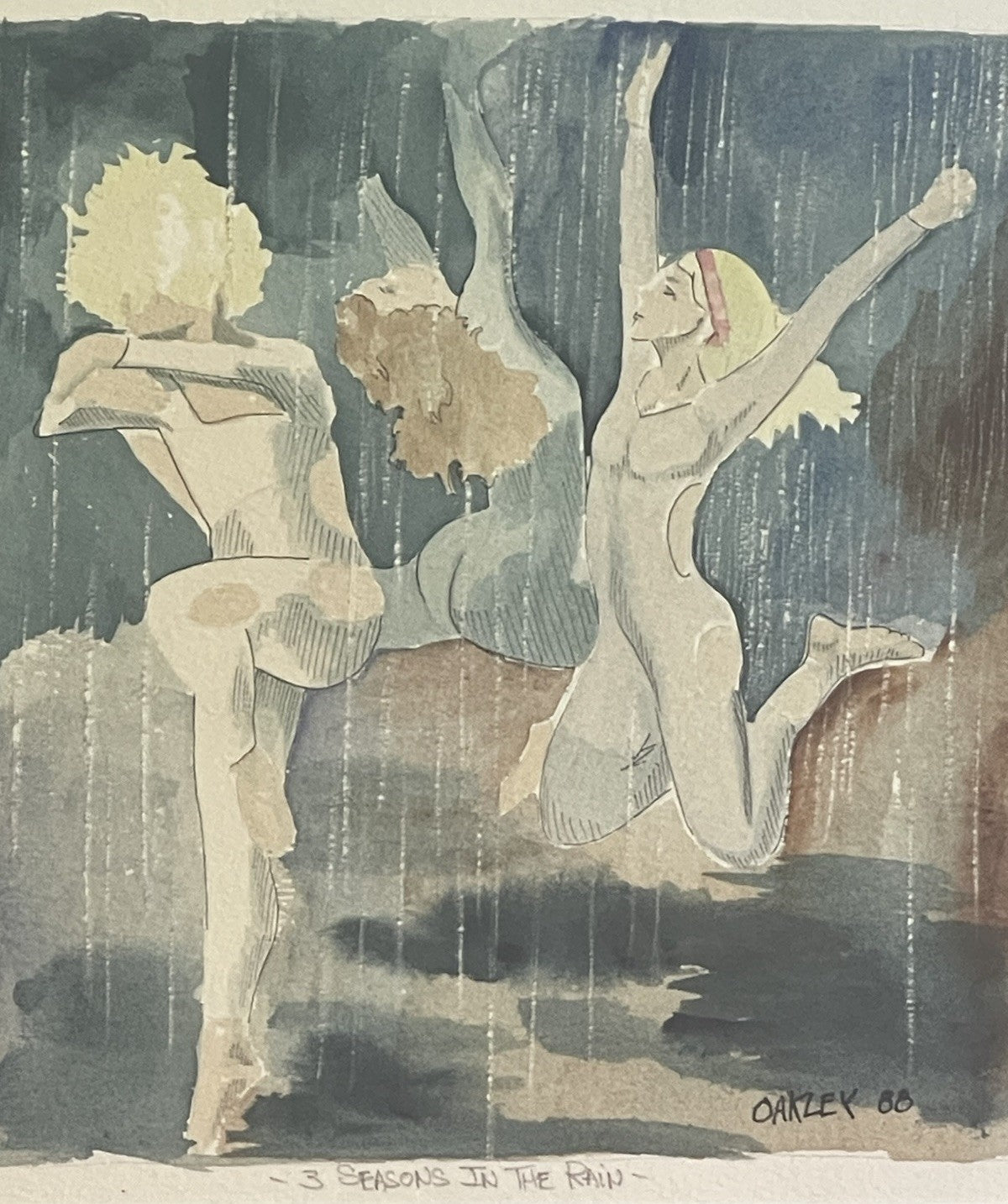 1988 Fine Art Original Watercolor Painting 3 Seasons In The Rain Signed Oakley0