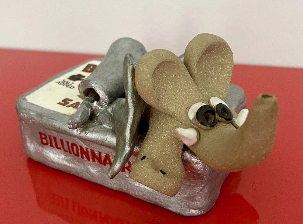 Whimsical 90s Pop Art Era Stoneware Sculpture LENORE ATWOOD Elephant Sardine Can0