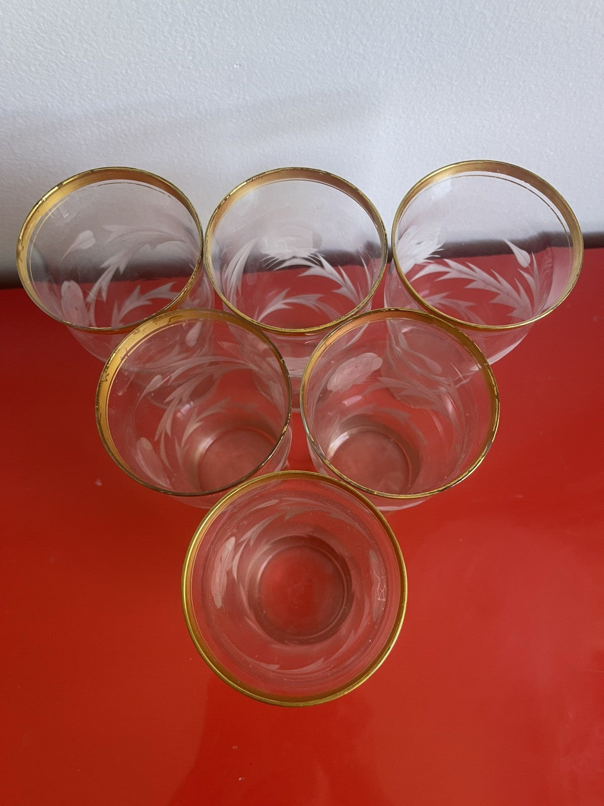 Delicate Vintage MCM Gold Rimmed Floral Etched Glass Tumblers 5.75” x 3” Moser?2