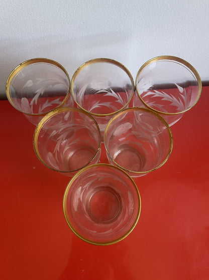 Delicate Vintage MCM Gold Rimmed Floral Etched Glass Tumblers 5.75” x 3” Moser?2