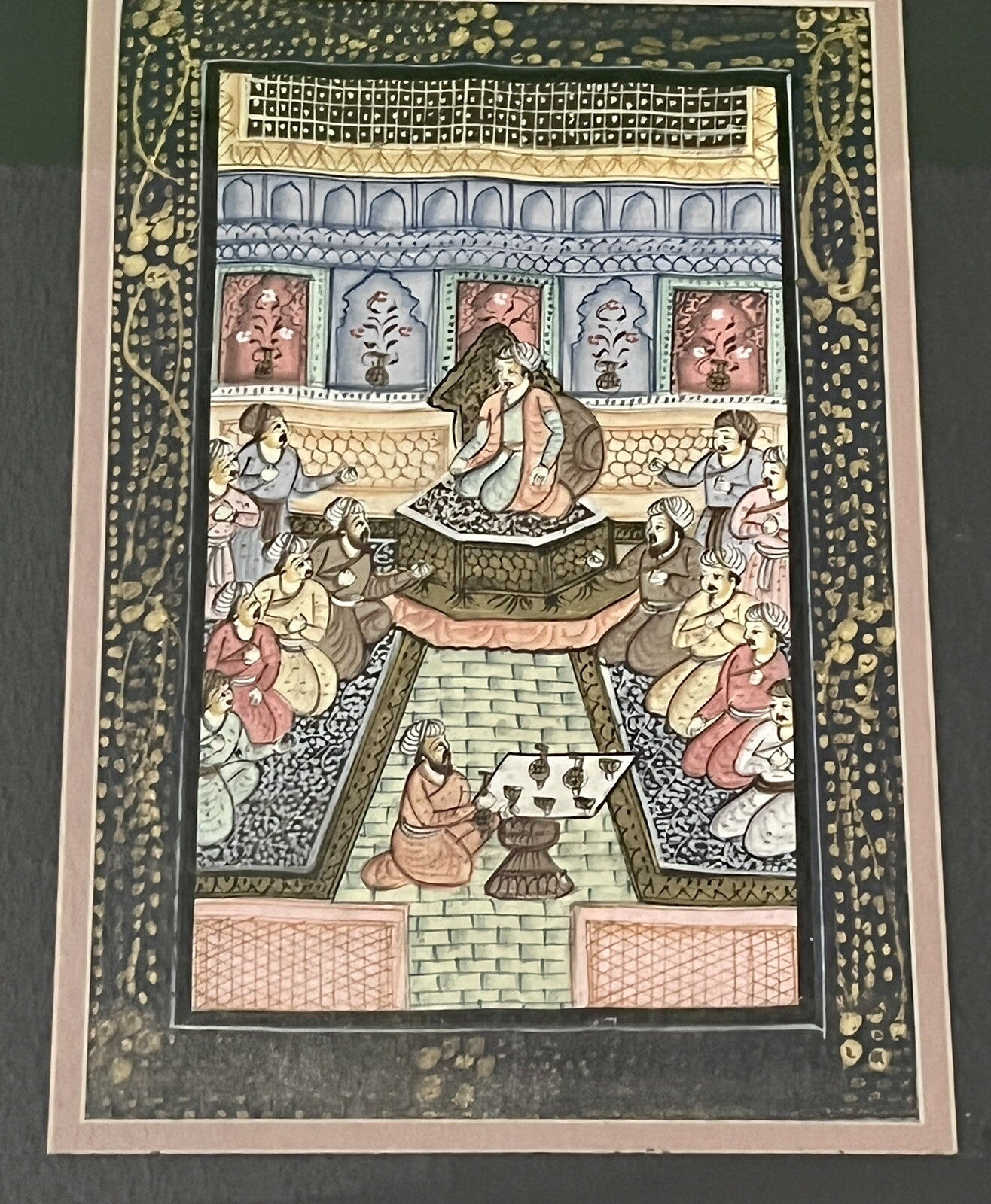 Pair Antique 19th c. Indo-Persian Palace Scenes Mughal Framed Watercolor Ink Art2