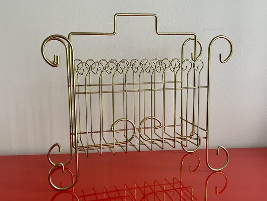 Vintage Magazine Rack Stand Record LP Holder Gold Tone Funky Atomic 70s Retro0