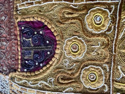 62” x 44” Antique Tapestry Wall Hanging Embellished w Sequins Pearls Gold Thread3