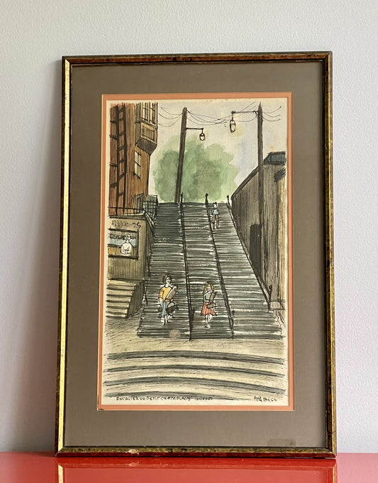 1964 Quebec Break Neck Steps Little Champlain St MCM Vintage Watercolor Painting0