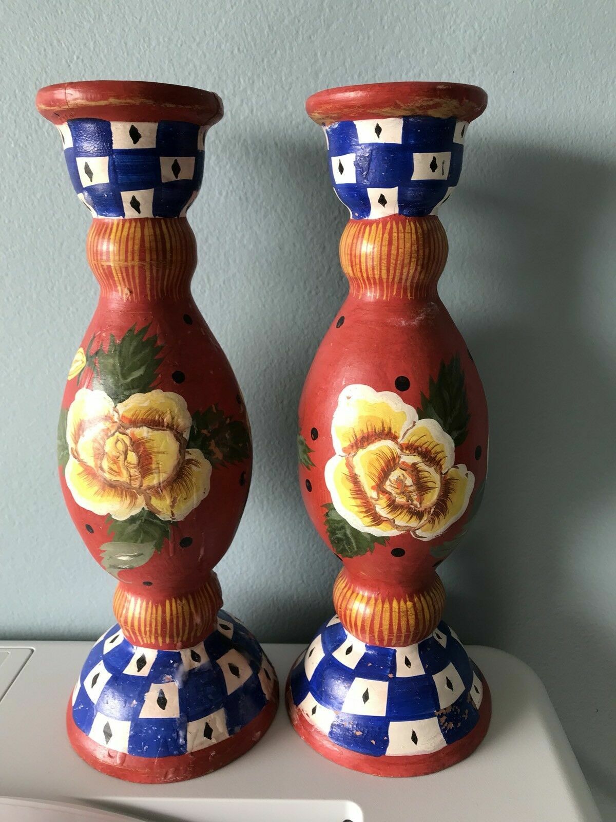 Tracy Porter Signed Candlestick Pair Hand Painted 1995 AS IS Shabby Chic Country1