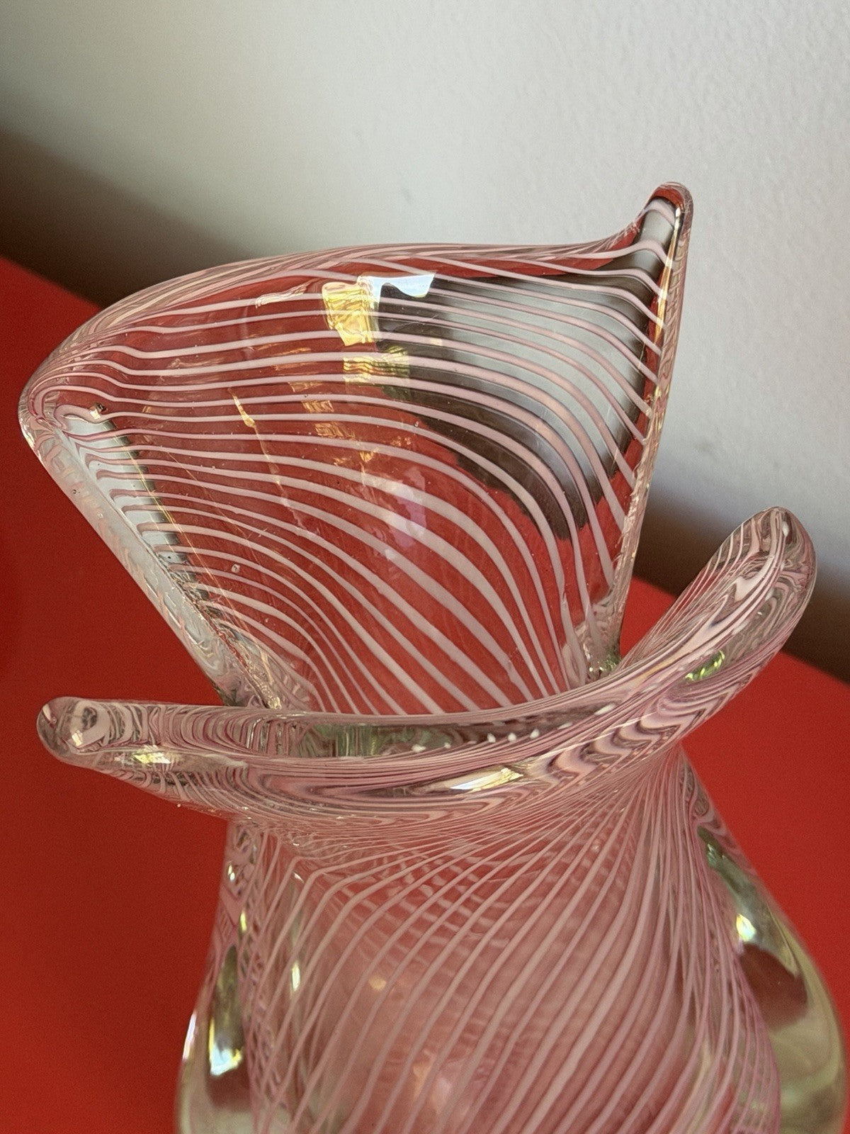Art Glass Vase 12” Murano? Czech? 80s 90s Mod White Pink & Clear Lattice Estate4
