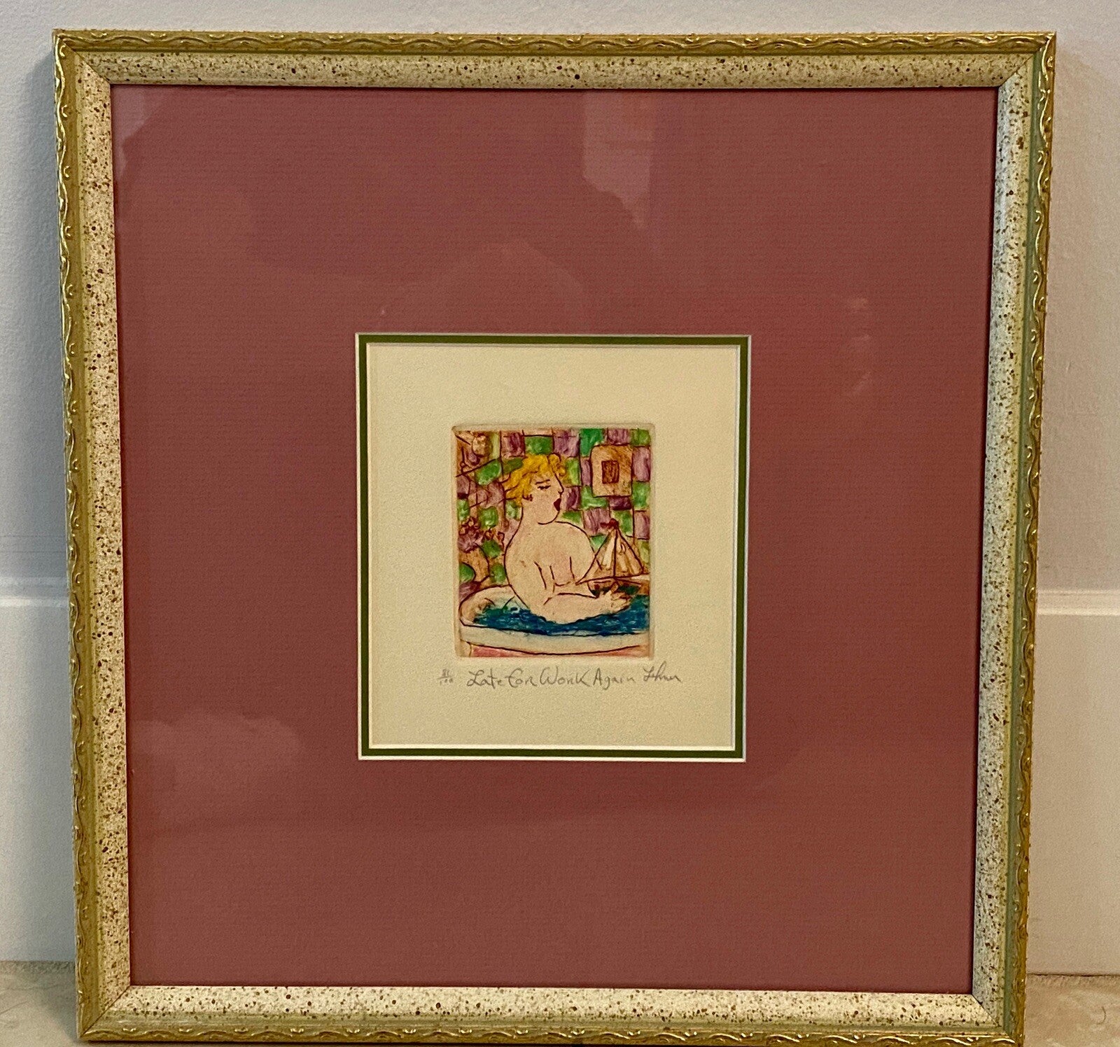 Gerard Lehner Hand Colored Etching Naked Woman In Bathtub Signed Framed 81/1002