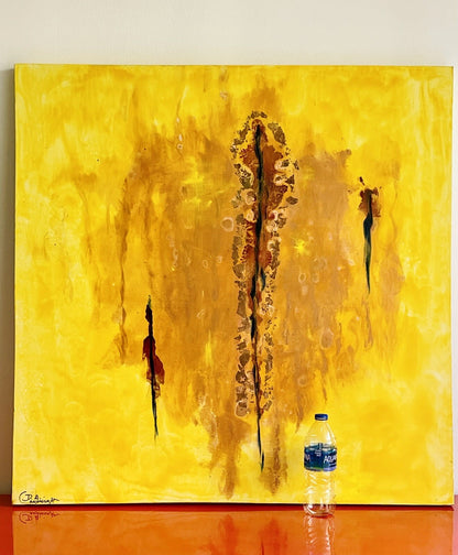 HUGE Retro 1970s Original Painting 36” x 36” Sunshine Yellow Abstract Art Signed4