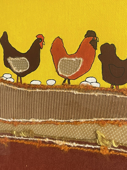 Chickens Hens Eggs Unique Painted Yarn Patchwork Fabrics Mixed Media Art Vintage2