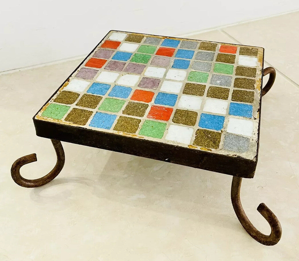 MCM Mosaic Plant Stand Tile Top Wrought Iron Low Trivet Retro Vintage EUC Funky0