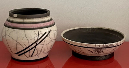 Studio Art Pottery (x2) Postmodern Signed SKIP Abstract Raku Ceramic Vessel Bowl0