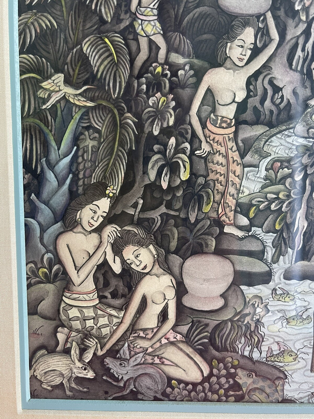 1950s Indonesian Batuan Bali Ink & Watercolor Allegory Painting Midcentury Mod3